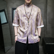 中国风短袖T恤夏季冰丝半袖唐装衬衫新中式男装休闲盘扣立领衬衣