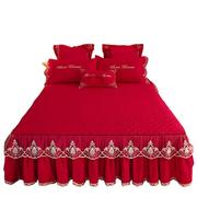 婚庆大红色夹棉床裙式床罩单件，公主风蕾丝，刺绣花边加厚保护套防滑