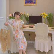 LASS LIZ原创设计2024夏度假仙女网纱花朵长款一字领泡泡袖连衣裙