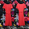 天素大红色v领连衣裙简洁气质，长裙小a摆系腰带短袖抗皱涤麻混纺
