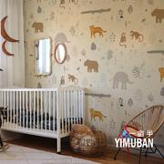 北欧简约卡通小动物儿童房墙纸现代卧室床头壁布全屋装饰壁纸壁画