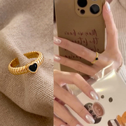 法式复古黑色爱心戒指女小众独特设计感开口可调节食指戒时尚指环