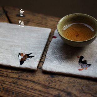 童趣┇中国水墨画复古风，刺绣杯垫禅意杯托棉麻，吸水茶垫diy材料包