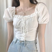韩国chic夏季减龄泡泡袖露肩，衬衫女一字，领系带设计感短款雪纺上衣