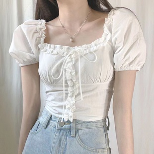 韩国chic夏季减龄泡泡袖，露肩衬衫女一字领系带设计感短款雪纺上衣
