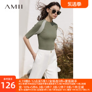 amii2024秋半高领撞色拼接针织衫，修身短袖打底衫设计感上衣女
