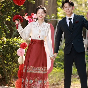 马面裙套装旗袍敬酒服新中式，长袖新娘结婚订婚红色连衣裙秋冬