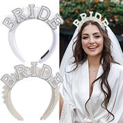 2024年设计师款重工轻奢bride新娘珍珠镶钻发箍头纱生日派对