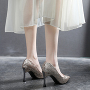 大码高跟鞋女41-43脚宽加肥水晶香槟色婚鞋不累脚，新娘婚纱鞋7cm