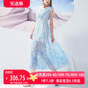 aui蓝色气质v领碎花雪纺连衣裙，女2023夏高腰(夏高腰)褶皱无袖收腰长裙