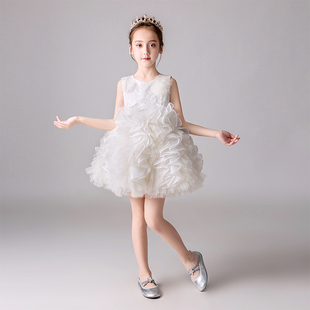 女童高端礼服洋气蓬蓬公主裙，白色短款钢琴，演奏表演走秀主持生日
