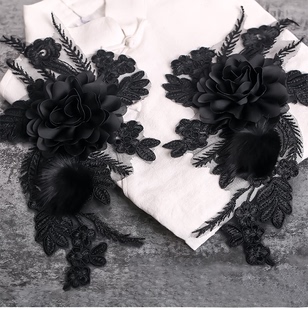 黑色立体羽毛蕾丝花朵布贴，羽绒服补丁贴衣服装饰修补刺绣手缝贴花