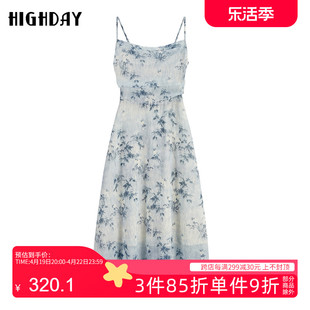 highday轩日2024夏装松弛感吊带裙女水墨印花修身无袖连衣裙