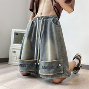 美式复古vintage牛仔短裤，男款夏季小众设计感裤子高街vibe五分裤