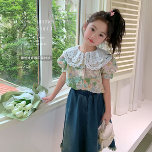 蓝小爸女童衬衫夏季儿童韩版洋气娃娃衫宝宝蕾丝花边上衣