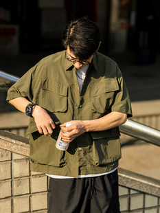 日系复古工装短袖衬衫，男cityboy夏季大码宽松多口袋半袖衬衣外套