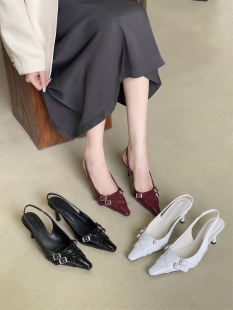 浅口单鞋女中跟2024春季韩版法式皮带扣尖头高跟包头凉鞋显瘦