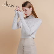 海尔曼斯2020秋冬女装，两翻领羊毛衫白色，针织衫套头高领毛衣打底衫