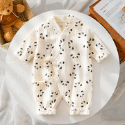 婴儿绉纱连体衣0-3-6-9-12个月宝宝，空调服纯棉熊猫，新生儿衣服纱布