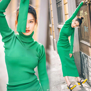 李沁同款绿色超长款打底毛衣裙(毛衣裙，)过膝羊毛衫配大衣长袖子针织连衣裙