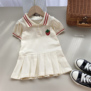 女童polo翻领连衣裙，2023夏季儿童，韩版洋气短袖白色粉色百褶裙