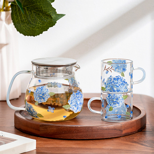 西比尔绣球花玻璃茶壶茶杯套装耐高温家用煮茶壶午茶花茶壶高颜值