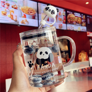 可爱熊猫玻璃水杯带吸管，女生家用耐高温儿童牛奶杯子办公室咖啡杯