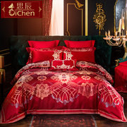 床上用品四件套欧式婚庆贡缎提花大红色，喜庆被套结婚六件套十件套