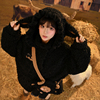 森女部落原创可爱萌趣立体小绵羊，黑色软糯绒衫，秋冬保暖连帽厚外套