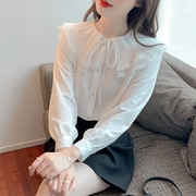 韩版长袖娃娃领衬衫女别致漂亮开衫雪纺上衣春季洋气白色小衫