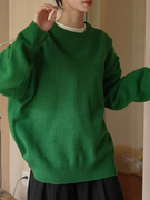manmans绿色慵懒风羊毛针织，毛衣秋季韩版宽松圆领，长袖上衣女