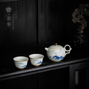 复古青花茶壶茶杯小套2人陶瓷泡，茶器手绘山水，功夫茶具套装1壶1杯
