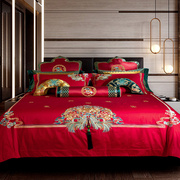 100中式支长绒棉新婚庆(新婚庆)四件套大红刺绣结婚床上用品，喜被八十件套
