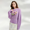 初春紫色花朵长袖毛衣保暖套头羊毛衫圆领款新甜美宽松法式针织衫