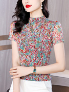 韩版大码半高领短袖T恤女夏季网纱上衣妈妈时髦碎花洋气小衫