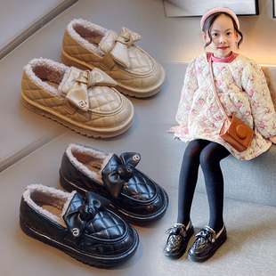 女童豆豆鞋冬季加厚棉鞋，2023冬女孩毛毛鞋，皮面防水羊羔毛鞋子(毛鞋子)