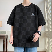 时尚满印绣花短袖t恤男夏季港风大码潮流男士半袖衣服宽松上衣服
