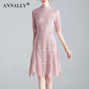 Annally2022夏装优雅简约名媛修身显瘦粉红色蕾丝修身连衣裙