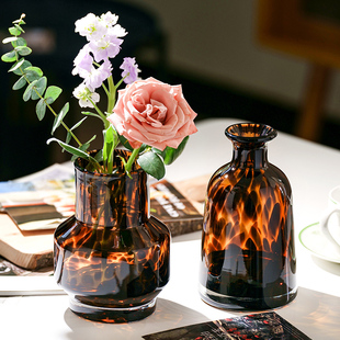 高级感网红豹纹花瓶轻奢玻璃，插花家居样板间花器客厅，小众装饰摆件
