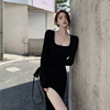 法式赫本风连衣裙女2022春装大码黑色，高级感气质性感开叉长裙