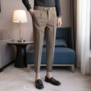 咖啡色裤子男显高九分小脚英式西装裤秋季发型师，正装腰带双褶西裤