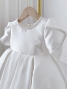 周岁女宝礼服白色花童小女孩婚纱女童缎面公主裙轻奢儿童生日礼服