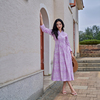 印度进口连衣裙纯棉印花设计感碎花裙敞开式v领早春粉紫色