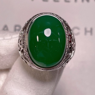 天然祖母绿玉髓玛瑙戒指绿宝石，翡翠色银镶嵌复古霸气男士活口指环
