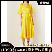 英国ted短袖连衣裙，礼服裙亮黄色中长款大摆纯色，系带优雅气质