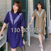 特大码女装连衣裙300斤胖mm显瘦抽绳衬衫裙200韩版时尚短袖裙子夏