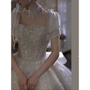 法式婚纱2024新娘小个子，高级质感重工，奢华大拖尾齐地缎面主纱