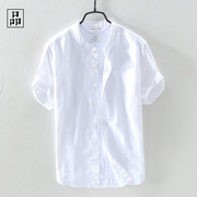 一件舒适透气的麻衬衫，!夏季薄款宽松亚麻，立领棉麻短袖衬衫男白色