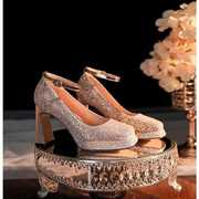 防水台粗跟玛丽珍鞋真皮水晶鞋一字扣婚鞋新娘鞋小个子高跟鞋