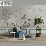 别墅新中式背景墙布复古花鸟图艺术墙纸大型壁画床头餐厅壁纸整面